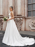 A-Line/Princess Satin Sleeveless Scoop Ruffles Sweep/Brush Train Wedding Dresses TPP0006672