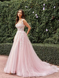 A-Line/Princess Tulle Applique Straps Sleeveless Sweep/Brush Train Wedding Dresses TPP0006077