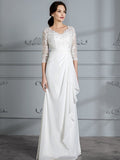 Sheath/Column V-neck 3/4 Sleeves Chiffon Floor-Length Wedding Dresses TPP0006363