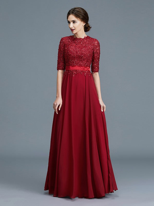 A-Line/Princess Scoop 1/2 Sleeves Chiffon Applique Floor-Length Mother of the Bride Dresses TPP0007199