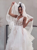 A-Line/Princess V-neck Applique Sleeveless Tulle Sweep/Brush Train Wedding Dresses TPP0005990