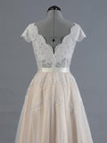 A-Line/Princess V-neck Sleeveless Floor-Length Applique Lace Wedding Dresses TPP0006362