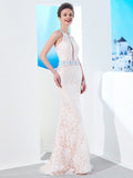 Sheath/Column Halter Sleeveless Floor-Length Lace Satin Dresses TPP0004150