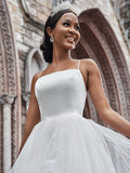 A-Line/Princess Tulle Spaghetti Straps Sleeveless Ruffles Sweep/Brush Train Wedding Dresses TPP0006100