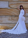Trumpet/Mermaid Halter Sleeveless Stretch Crepe Ruffles Court Train Wedding Dresses TPP0006657