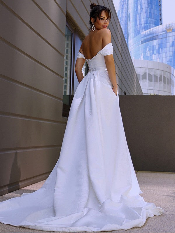 A-Line/Princess Satin Ruched Off-the-Shoulder Sleeveless Sweep/Brush Train Wedding Dresses TPP0006115