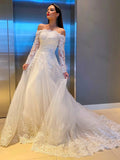 A-Line/Princess Lace Applique Off-the-Shoulder Long Sleeves Sweep/Brush Train Wedding Dresses TPP0006083