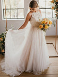 A-Line/Princess Lace Tulle Sleeveless Halter Floor-Length Wedding Dresses TPP0006596