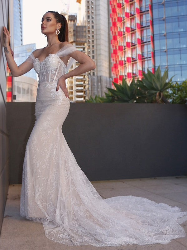 Sheath/Column Lace Sleeveless Off-the-Shoulder Applique Court Train Wedding Dresses TPP0005978