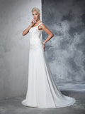 A-Line/Princess Straps Beading Sleeveless Long Chiffon Wedding Dresses TPP0006465
