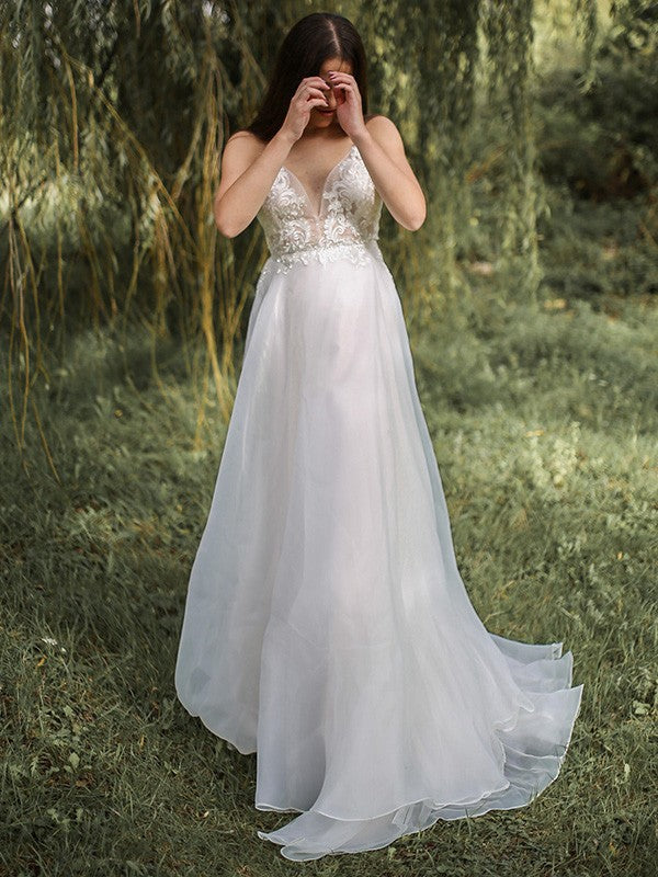A-Line/Princess Spaghetti Straps Chiffon Applique Sleeveless Sweep/Brush Train Wedding Dresses TPP0006166