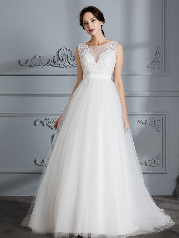A-Line/Princess Sleeveless V-neck Sweep/Brush Train Tulle Wedding Dresses TPP0006437
