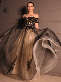 A-Line/Princess Tulle Applique Off-the-Shoulder Short Sleeves Floor-Length Wedding Dresses TPP0006079