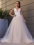 A-Line/Princess Tulle Applique V-neck Sleeveless Sweep/Brush Train Wedding Dresses TPP0006025
