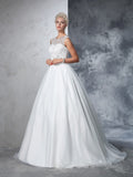 Ball Gown Sheer Neck Lace Sleeveless Long Net Wedding Dresses TPP0006665