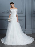 Ball Gown Off-the-Shoulder 1/2 Sleeves Beading Court Train Lace Wedding Dresses TPP0006404