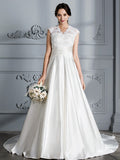 Ball Gown V-neck Sleeveless Court Train Satin Wedding Dresses TPP0006736