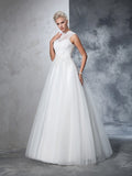 Ball Gown High Neck Applique Sleeveless Long Net Wedding Dresses TPP0006770
