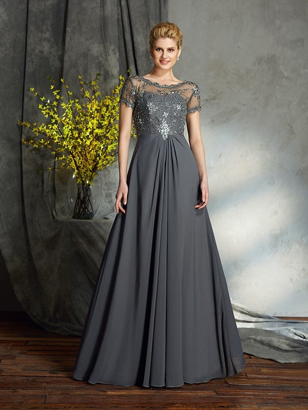 A-Line/Princess Scoop Applique Short Sleeves Long Chiffon Mother of the Bride Dresses TPP0007108