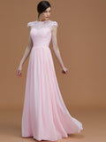 A-Line/Princess Jewel Short Sleeves Floor-Length Lace Chiffon Bridesmaid Dresses TPP0005810
