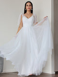 A-Line/Princess Tulle Ruffles V-neck Sleeveless Floor-Length Wedding Dresses TPP0007026