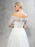 Ball Gown Off-the-Shoulder Lace Long Sleeves Long Net Wedding Dresses TPP0006225
