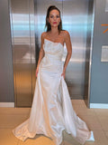A-Line/Princess Satin Ruched Strapless Sleeveless Court Train Wedding Dresses TPP0006532