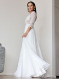 A-Line/Princess Chiffon Lace V-neck 3/4 Sleeves Floor-Length Wedding Dresses TPP0007031