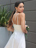 A-Line/Princess Satin Ruched V-neck Sleeveless Sweep/Brush Train Wedding Dresses TPP0007022