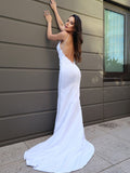 Sheath/Column Stretch Crepe Lace V-neck Sleeveless Sweep/Brush Train Wedding Dresses TPP0007018