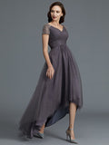 A-Line/Princess V-neck Short Sleeves Asymmetrical Tulle Mother of the Bride Dresses TPP0007098