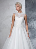 Ball Gown High Neck Applique Sleeveless Long Net Wedding Dresses TPP0006770