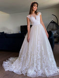 A-Line/Princess Tulle Applique V-neck Sleeveless Court Train Wedding Dresses TPP0006412