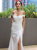 Sheath/Column Satin Ruched Off-the-Shoulder Sleeveless Sweep/Brush Train Wedding Dresses TPP0007029