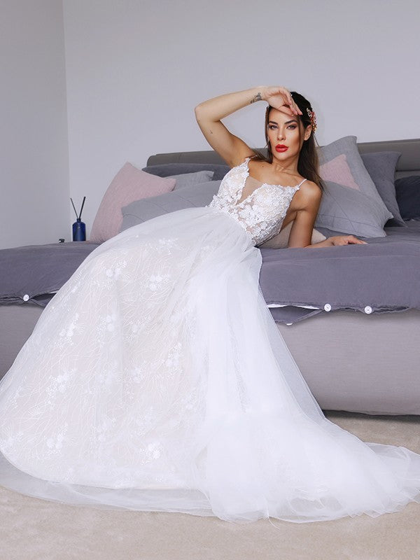 A-Line/Princess Tulle V-neck Sleeveless Applique Sweep/Brush Train Wedding Dresses TPP0005972