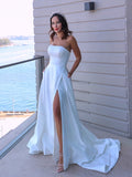 A-Line/Princess Satin Ruffles Strapless Sleeveless Sweep/Brush Train Wedding Dresses TPP0006459