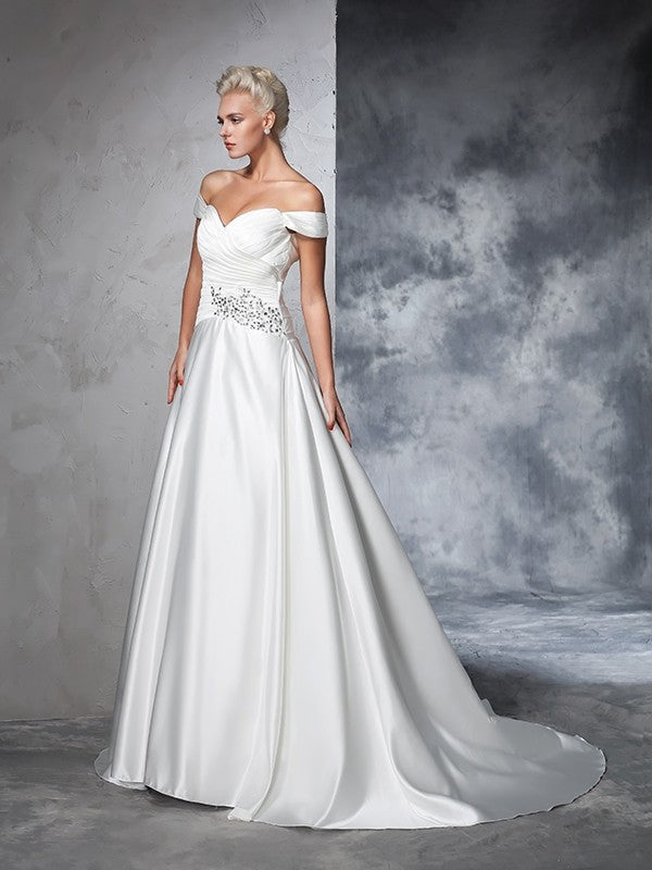 Ball Gown Off-the-Shoulder Ruched Sleeveless Long Taffeta Wedding Dresses TPP0006737