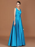 A-Line/Princess V-neck Sleeveless Floor-Length Ruffles Satin Bridesmaid Dress TPP0005646