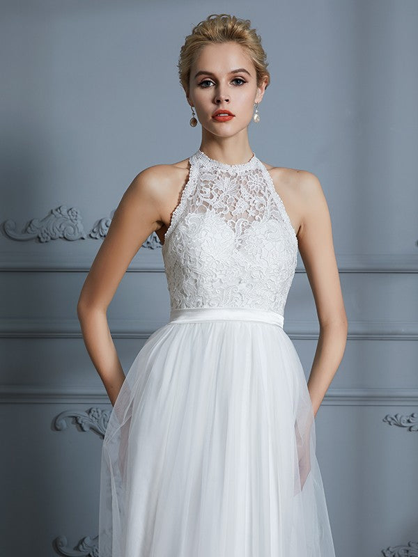 A-Line/Princess Scoop Sleeveless Tulle Floor-Length Wedding Dresses TPP0006513