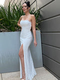 Sheath/Column Lace Ruched Halter Sleeveless Floor-Length Wedding Dresses TPP0006054
