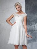 A-Line/Princess Sheer Neck Ruched Short Sleeves Short Chiffon Wedding Dresses TPP0006652