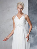 A-Line/Princess V-neck Ruched Sleeveless Long Chiffon Wedding Dresses TPP0006630