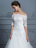Ball Gown Off-the-Shoulder 1/2 Sleeves Beading Court Train Lace Wedding Dresses TPP0006404