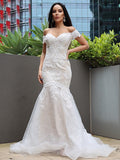 Trumpet/Mermaid Tulle Applique Off-the-Shoulder Sleeveless Sweep/Brush Train Wedding Dresses TPP0006311