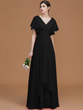 A-Line/Princess V-neck Short Sleeves Floor-Length Ruched Chiffon Bridesmaid Dresses TPP0005041