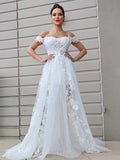 A-Line/Princess Tulle Applique Off-the-Shoulder Sleeveless Sweep/Brush Train Wedding Dresses TPP0006103