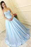 Modest A-Line Sweetheart Strapless Light Blue Sleeveless Long Prom Dresses With Lace