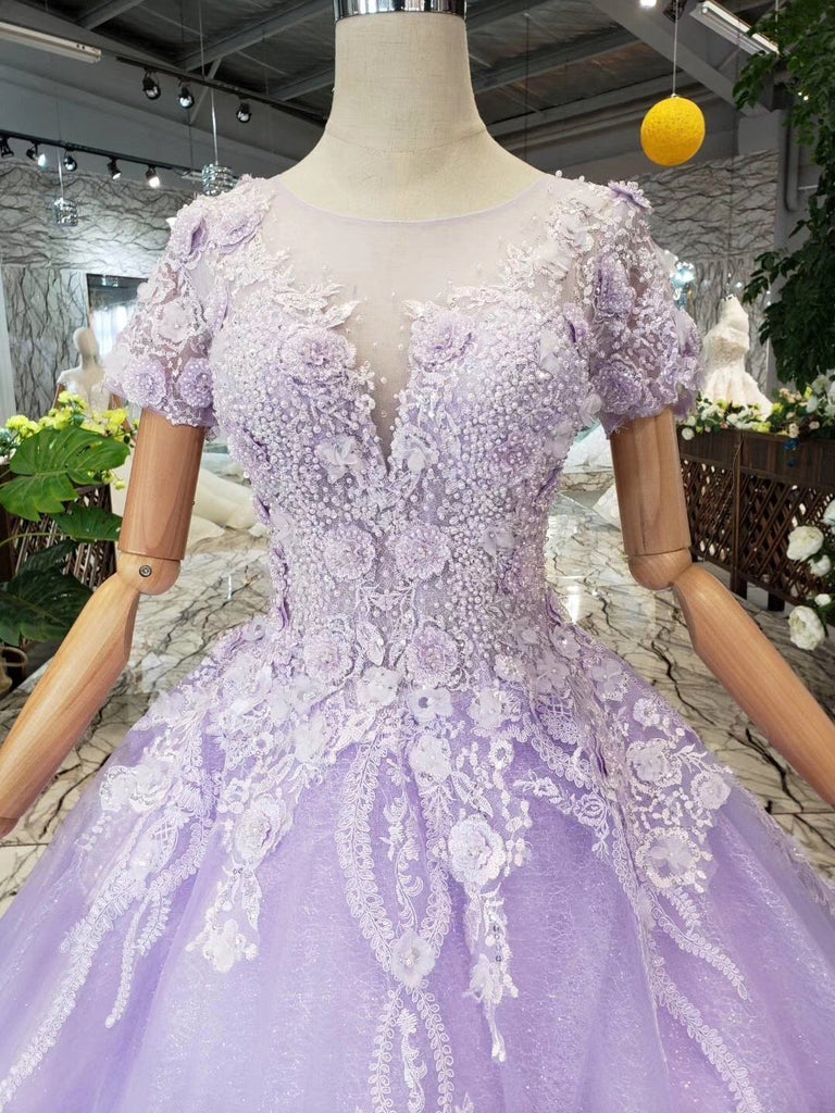 Unique Short Sleeve Lilac Ball Gown Appliques Beading Prom Dress Quinceanera Dress
