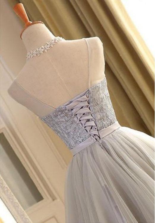 Cute A Line Sleeveless Scoop Short Silver Lace up Tulle Homecoming Dresses with Bowknot