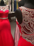 New Style Sparkle Red Beaded Bodice Long Lace Satin Mermaid Sexy Prom Dresses